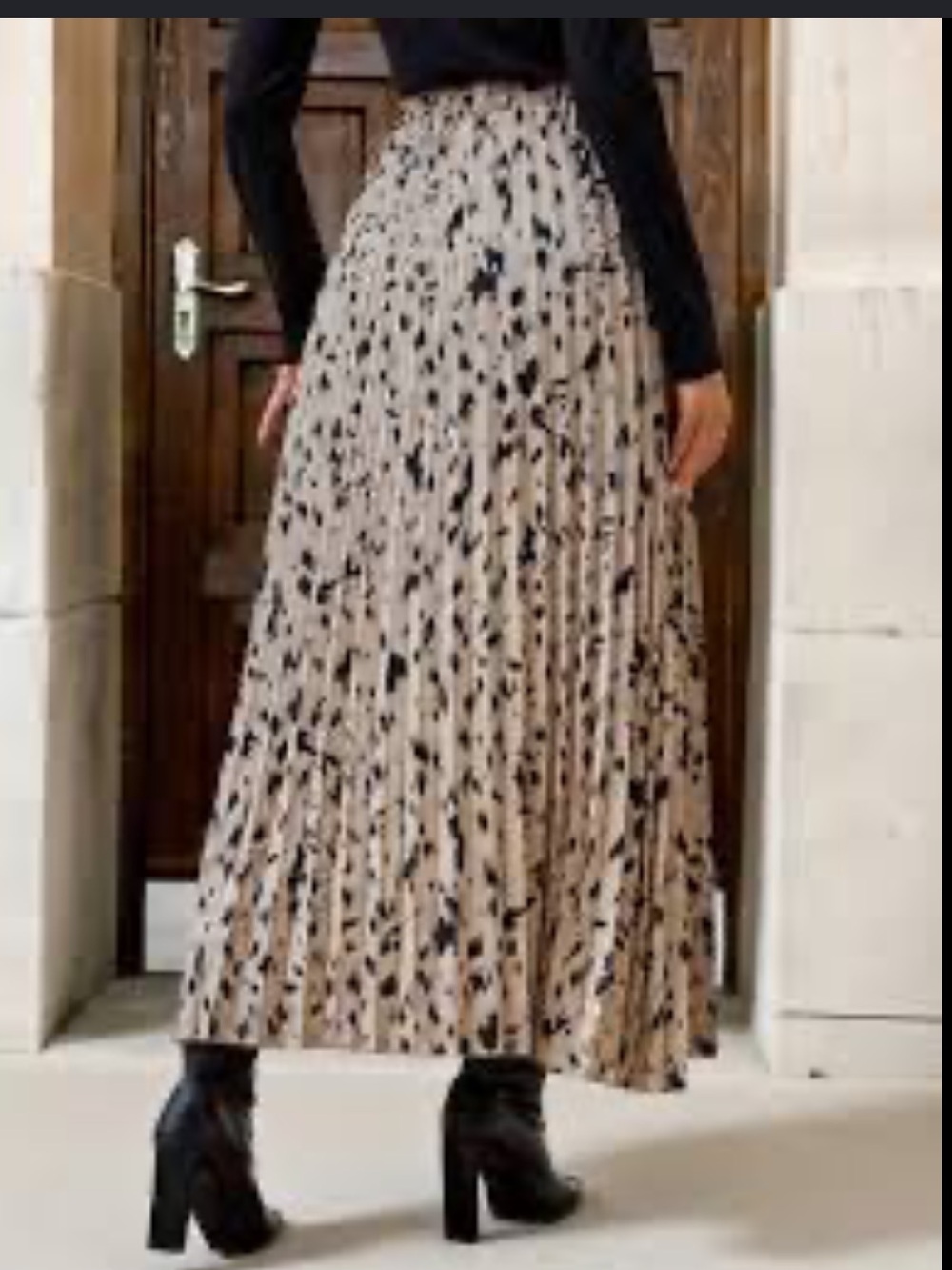 Pleated Maxi Skirt in Beige with Black Spot Print